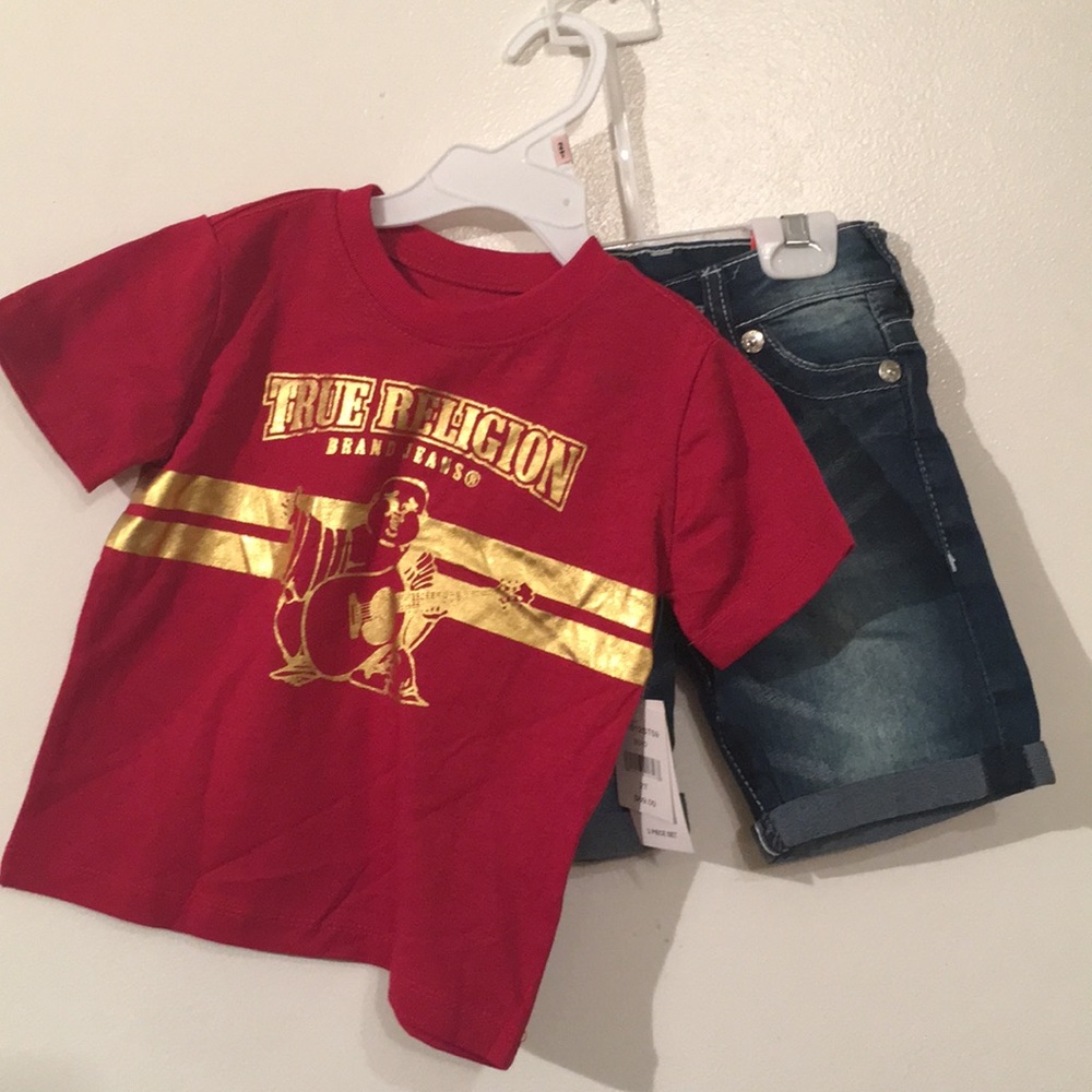 True religion Shorts & Shirt outfit NEW Toddler Sz 2 blue Denim Shorts Red Shirt